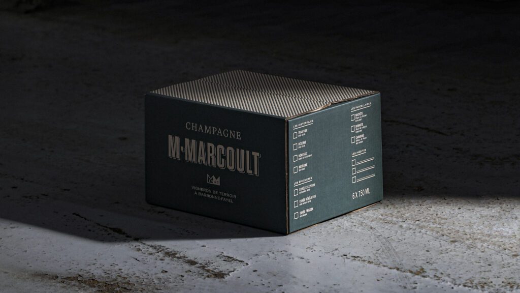 Caisses champagne M.Marcoult en cave, stockage et identité packaging · vrai studio