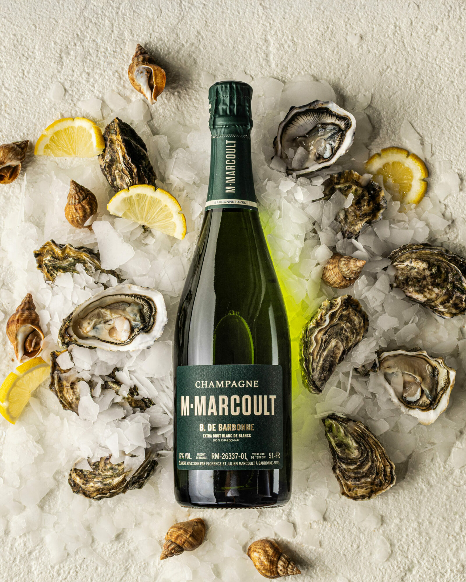 Campagne photo champagne M.Marcoult 2026 — cuvées Iconiques renouvellement · vrai studio