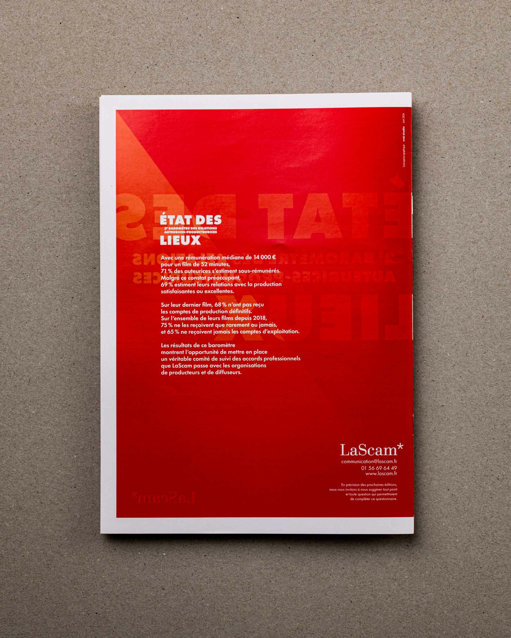ID 1515 — Tranche et dos de couverture d'État des Lieux avec mention « Conception graphique vrai studio, juin 2026 » et chiffres clés sur la rémunération et la transparence des comptes — LaScam* — direction artistique vrai studio