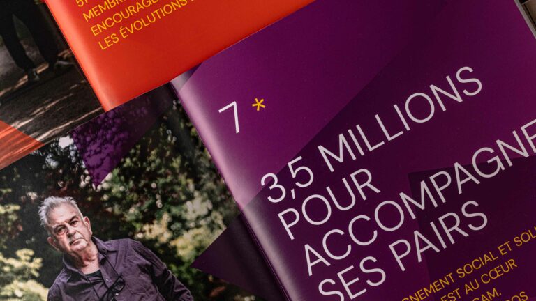 ID 1500 — Opening page of the chapter “3.5 Million to Support Peers,” featuring a portrait photograph — 2025 Activity and Transparency Report, LaScam* — vrai studio layout