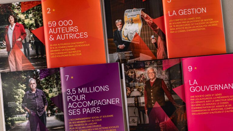 ID 1501 — Layout of four pages from a chapter of the 2025 Activity and Transparency Report: “59,000 Authors,” “Management,” “3.5 Million to Support Peers,” and “Governance,” featuring photographic portraits — LaScam* — vrai studio layout