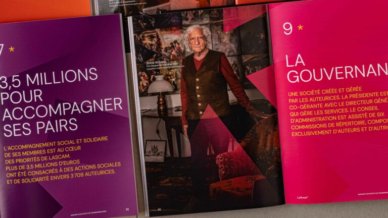 ID 1502 — Two-page spread featuring “3.5 Million to Support Peers” and “Governance,” with a portrait of Serge Rezvani — 2025 Activity and Transparency Report, LaScam* — vrai studio layout